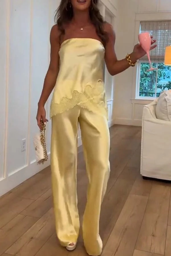 Odessa Satin Floral Lace Hem Strapless Tank and Mid Rise Wide Leg Pants Set