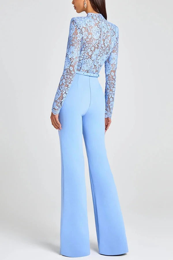 Party Charmer Flower Lace Patchwork Long Sleeve Bow Belted Flare Jumpsuit