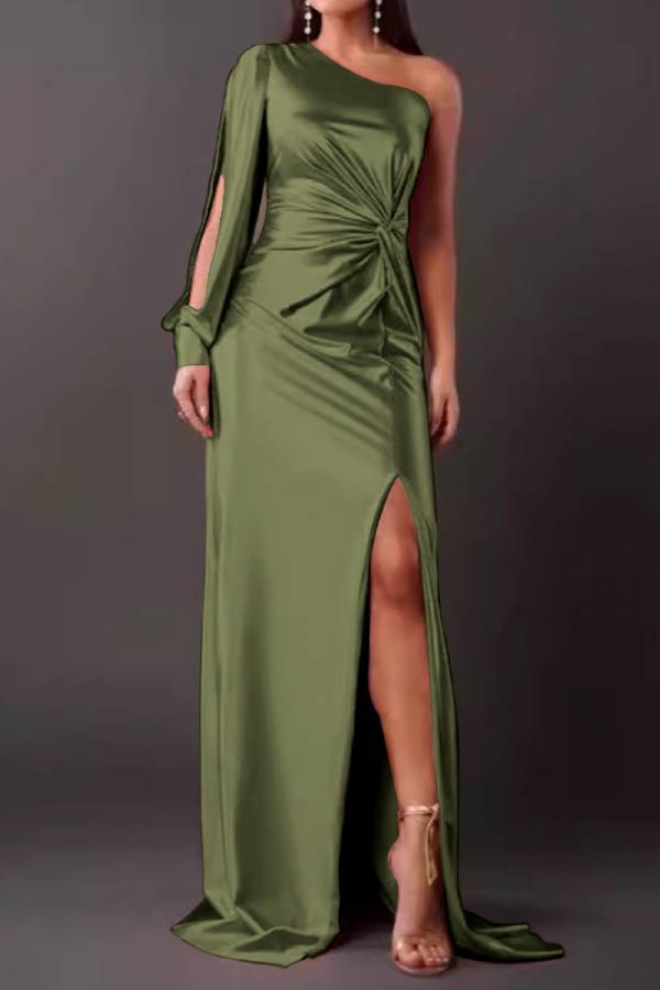 One-shoulder satin twisted high-slit maxi dress