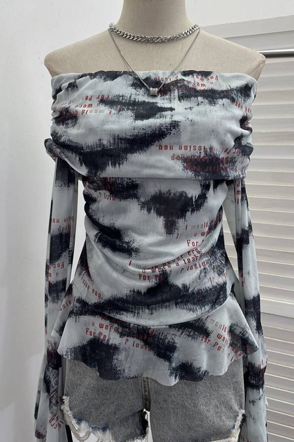 Art print off-the-shoulder pleated mesh top