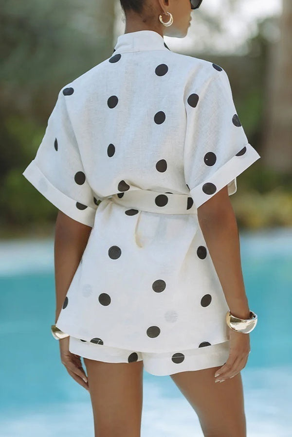 Playful Linen Blend Polka Dot Tie-up Kimono Top and Elastic Waist Pocket Shorts Set