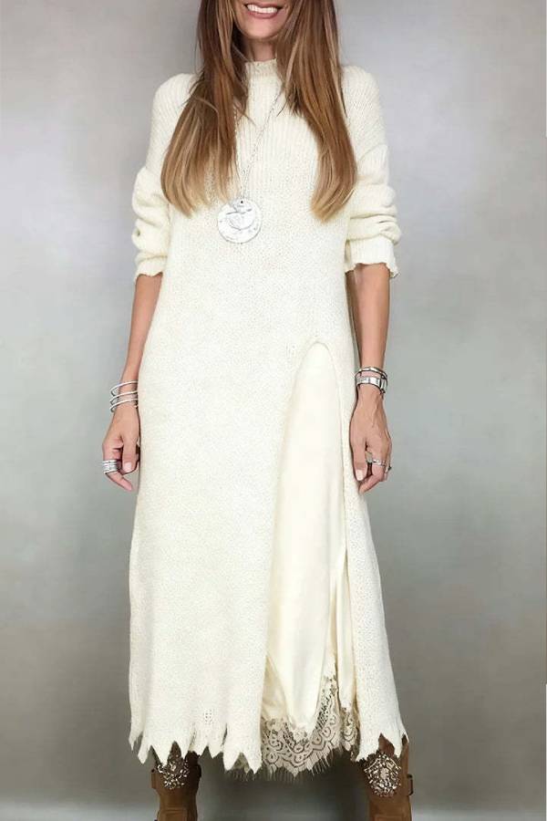 Retro knitted slit two-piece long skirt