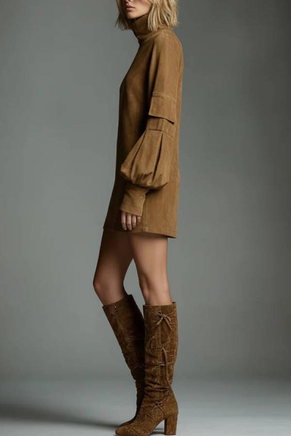 Vintage Loose Suede Turtleneck Mini Dress