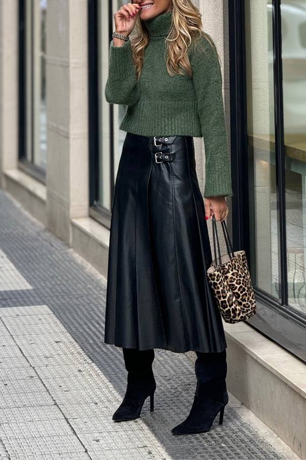 Metal buckle-embellished mid-length A-line leather skirt