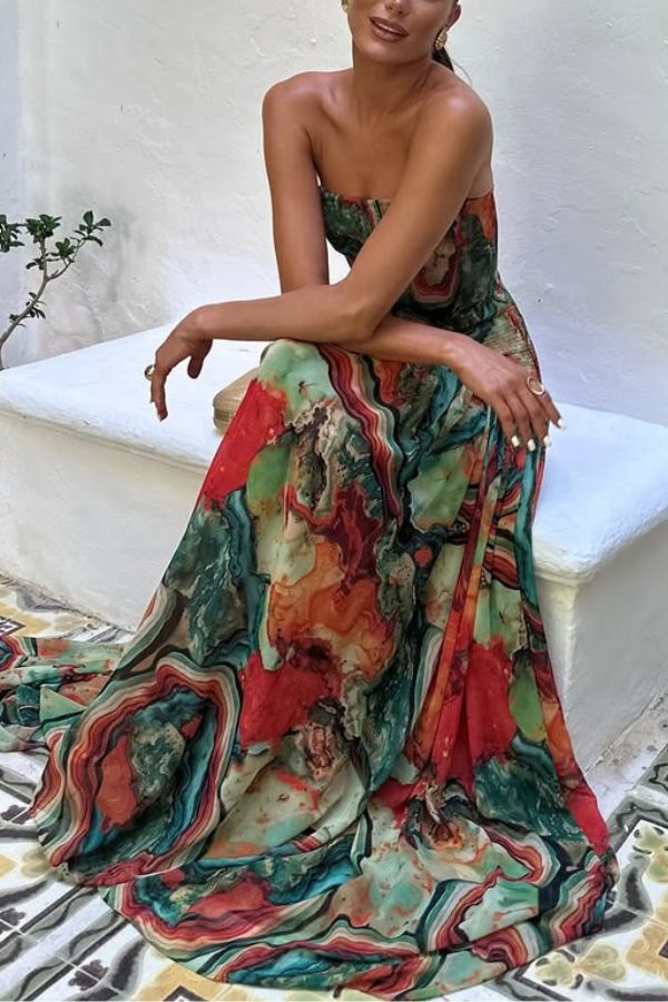Vacay Vibes Colorful Lava Print Off Shoulder Smocked Scarf Maxi Dress