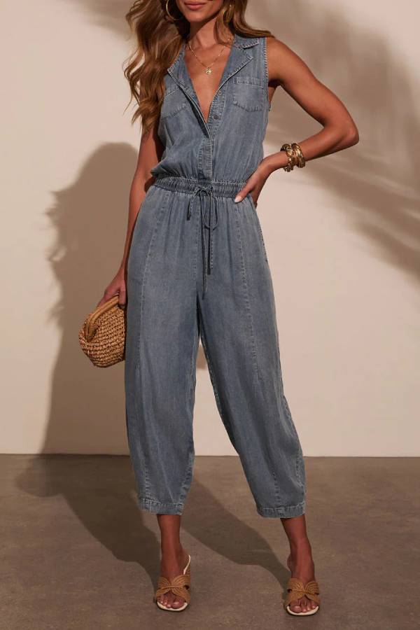 Sleeveless collared drawstring denim jumpsuit