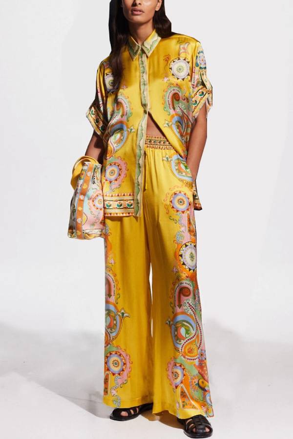 Exquisite Satin Unique Cashew Flower Print Loose Wide-Leg Pants