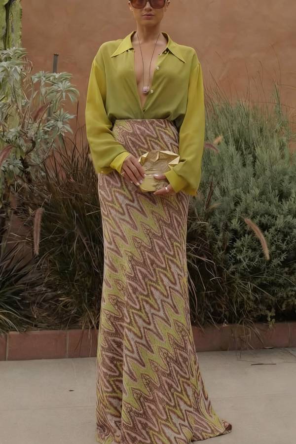 Moonlit Waltz Knit Jacquard Zigzag Print High Rise Stretch Flare Maxi Skirt