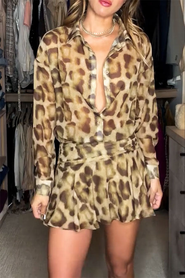Sexy and Stunning Leopard Long Sleeve Drop Waist Shirt Mini Dress
