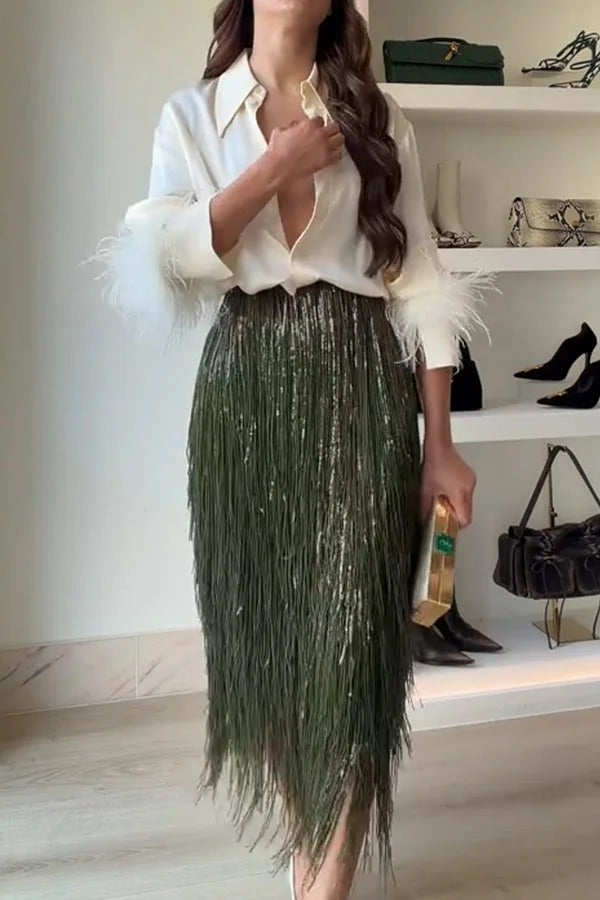 Party Crasher Layered Sequined Tassels High Rise Back Zipper Midi Skirt