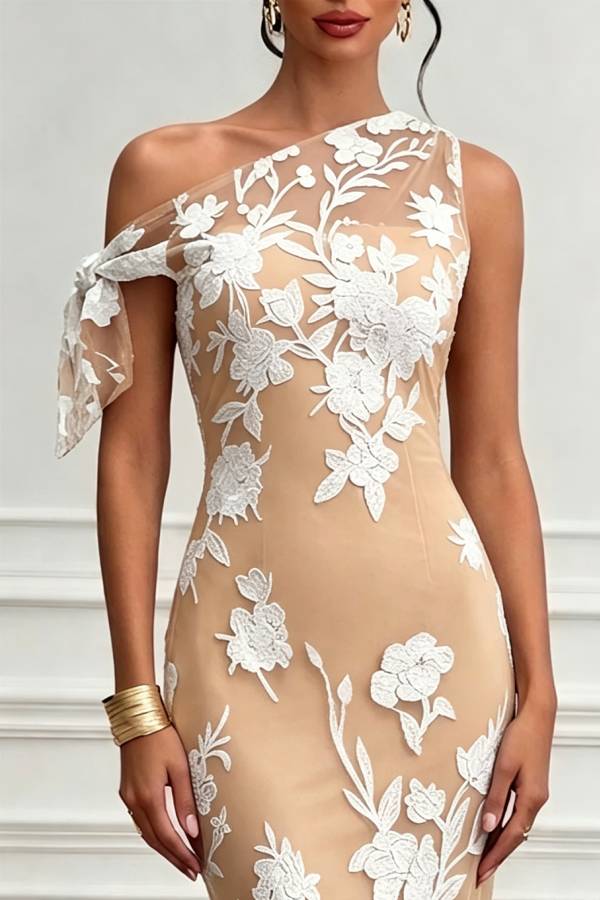 Kylen Floral Embroidery Bow Lace One Shoulder Sleeveless Sheath Maxi Dress