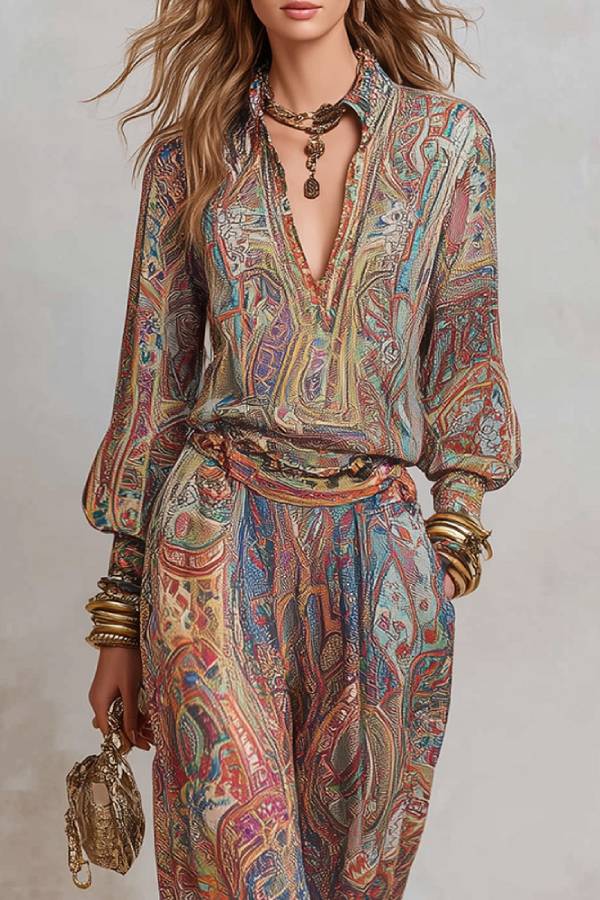 Vintage Paisley Print Puff Sleeve Shirt & Wide Leg Pants Set