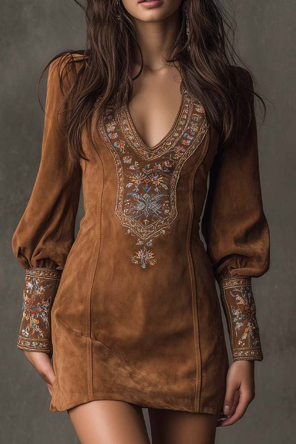 Vintage brown V-neck suede embroidered mini dress