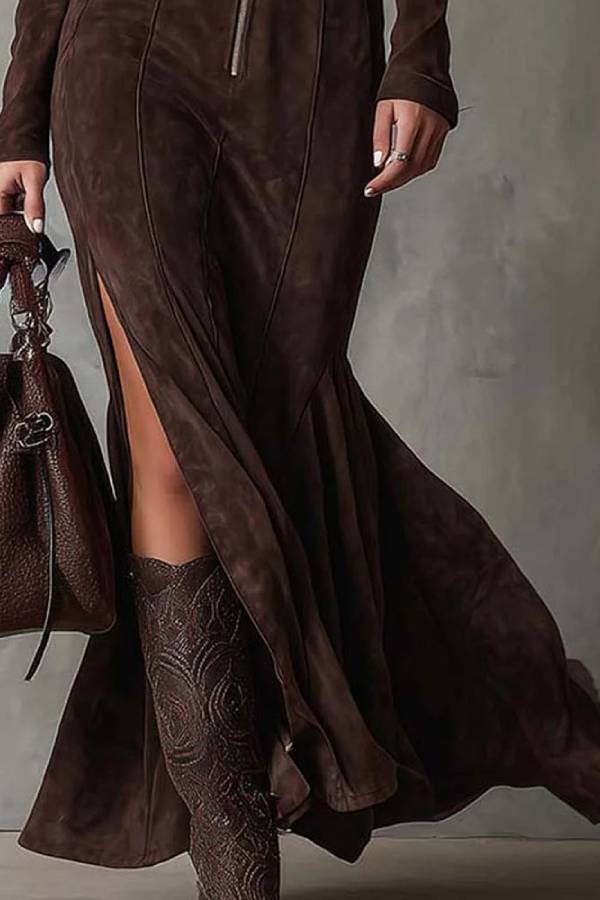 Vintage Brown Zipper Belted Maxi Dress