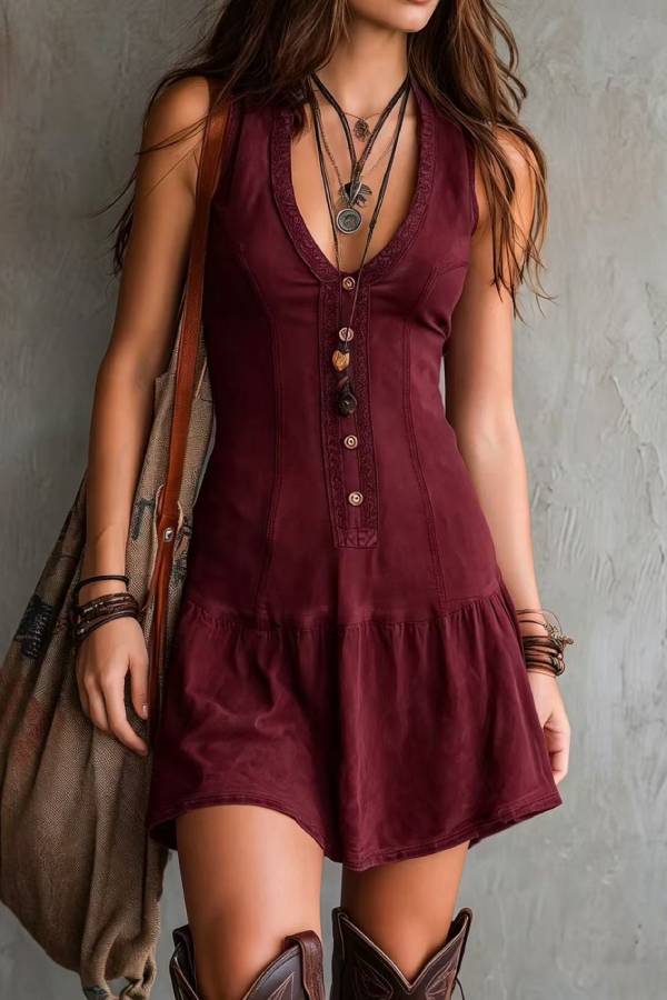 Bohemian Vintage V-Neck Sleeveless Short Dress