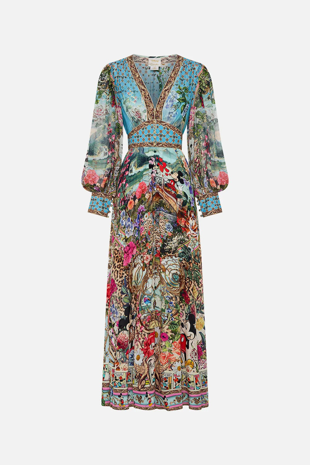 Art Print V-Neck Waisted Palace Style Maxi Dress