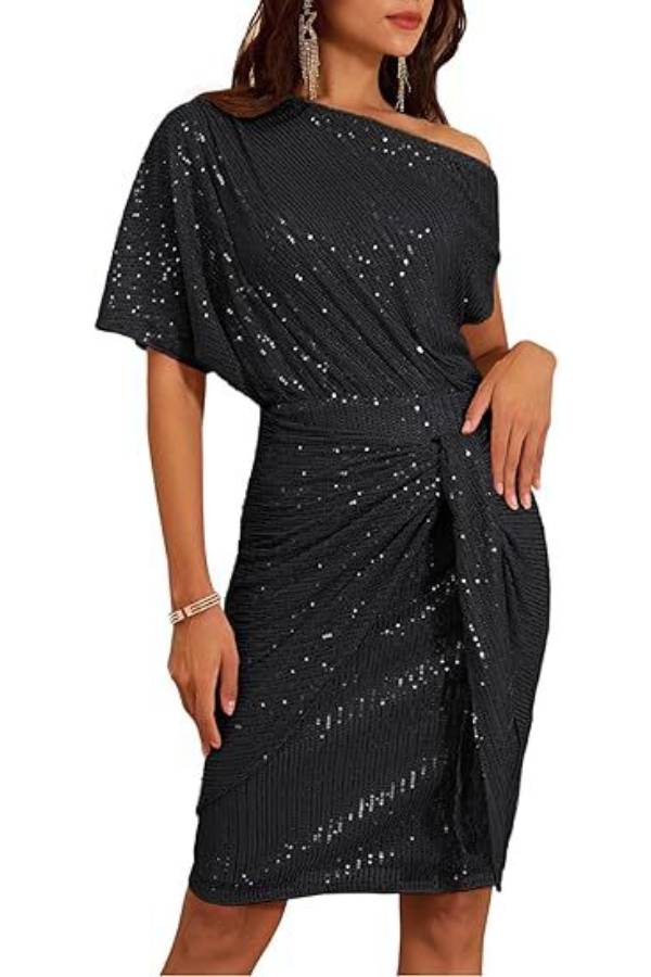 One-shoulder sequined twisted fitted party dress