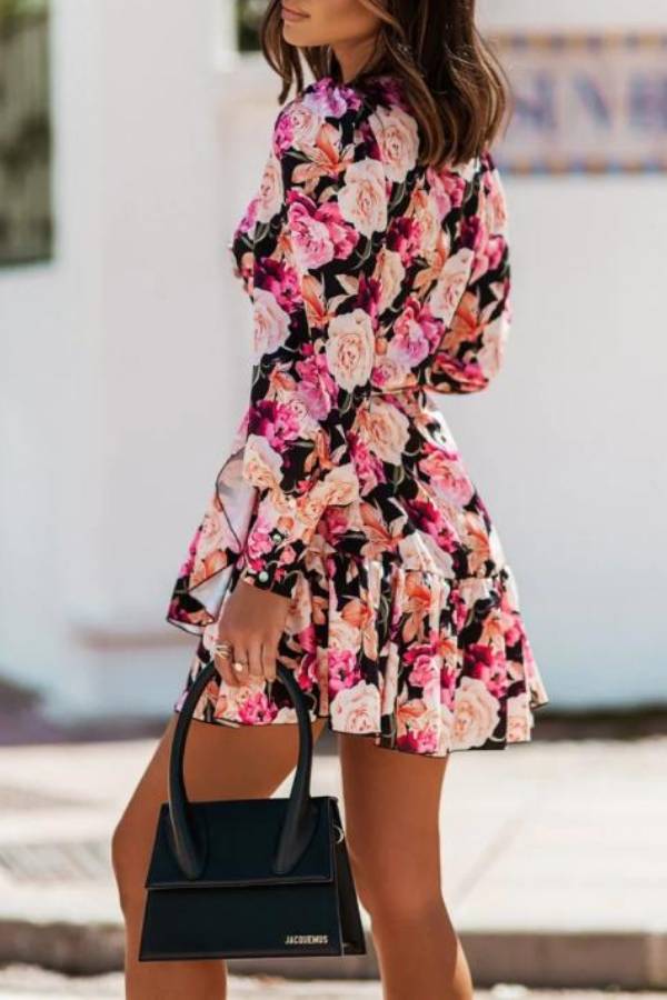 V-neck tie-up printed ruffle dress