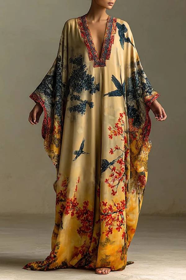 Red Maple Blossom And Bird Art Print Batwing Sleeve Long Robe Dress