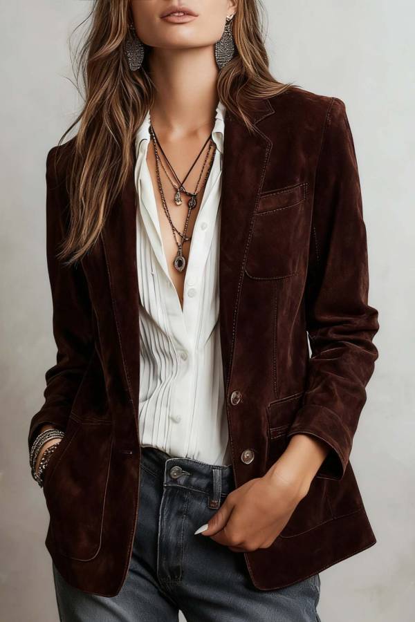 Suede lapel single-breasted suit jacket