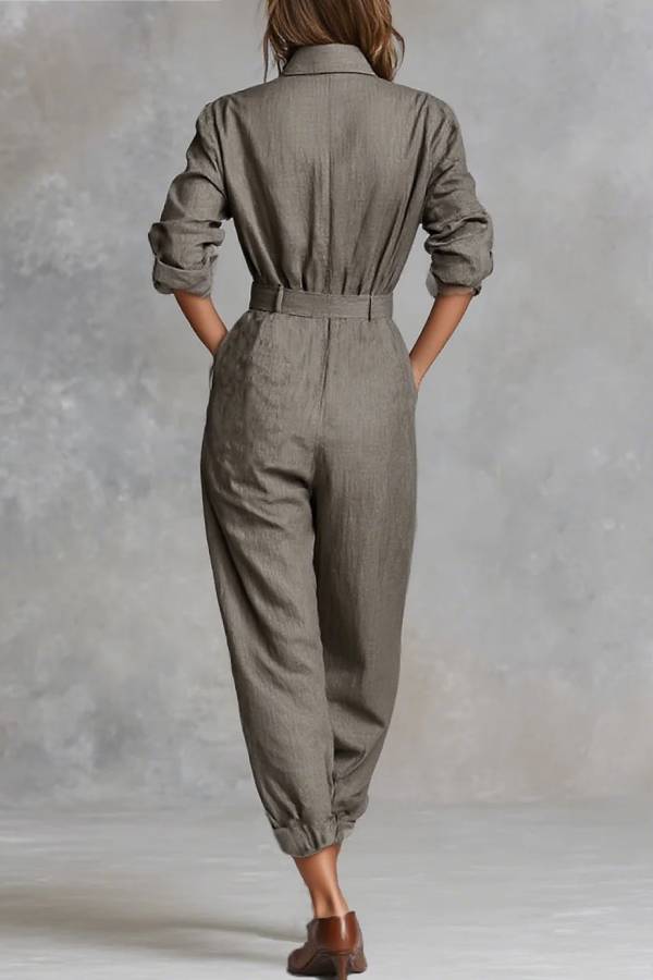 Cotton And Linen Blended Long Sleeve Shirt Jumpsuit