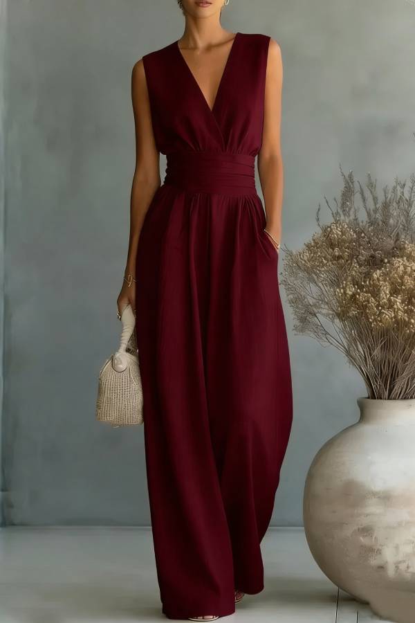 Sleeveless Wrap V-neck Ruched Waist Wide Leg Jumpsuit