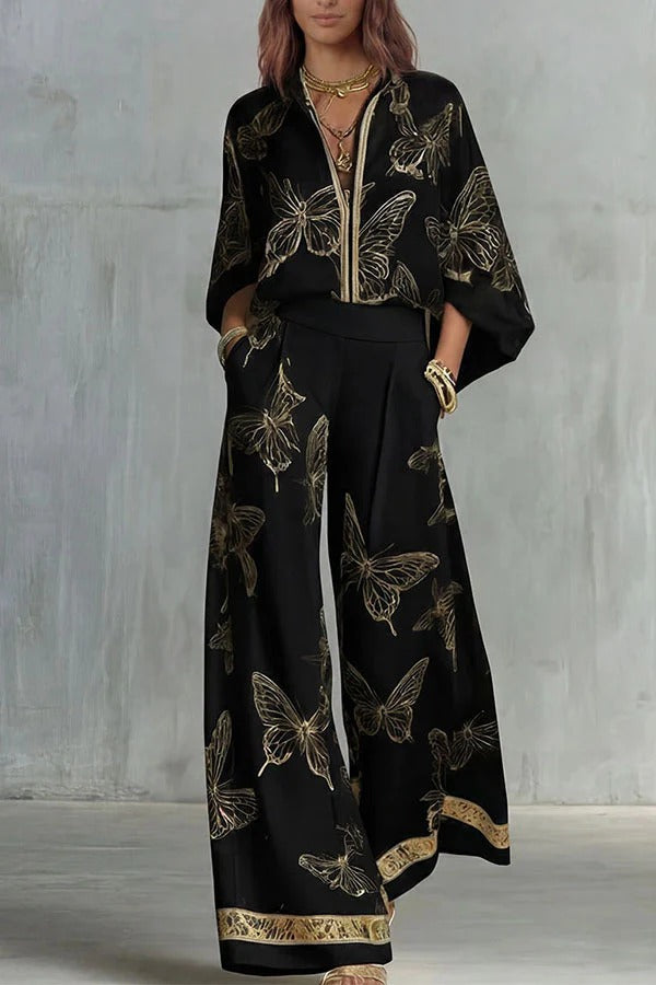 Flowy Butterfly Pattern Two-Piece Set
