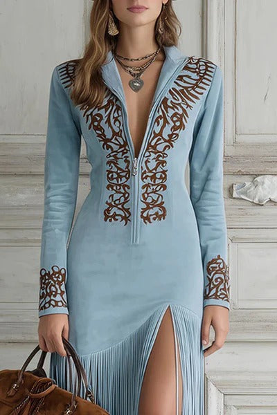 Fashionable Embroidered Fitted Long-sleeved Tassel Hem Maxi Dress