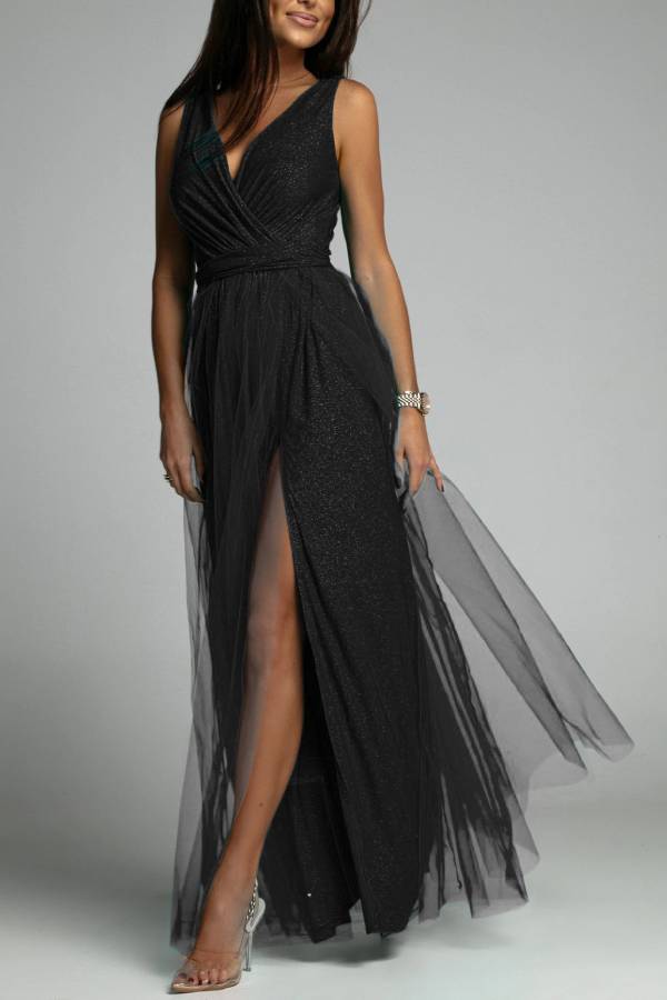 V-neck shiny high-slit long dress