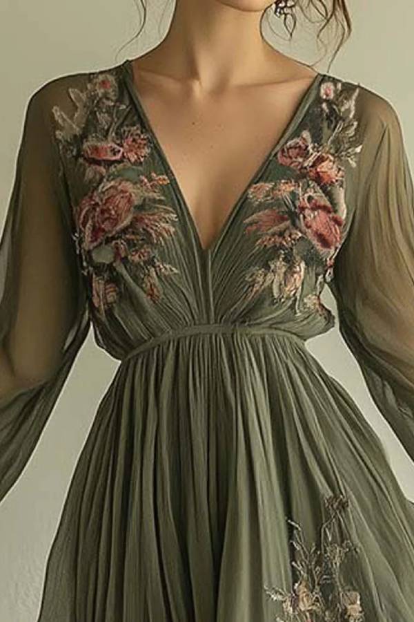 Floral Embroidered Tulle Waist-Defining Long Dress