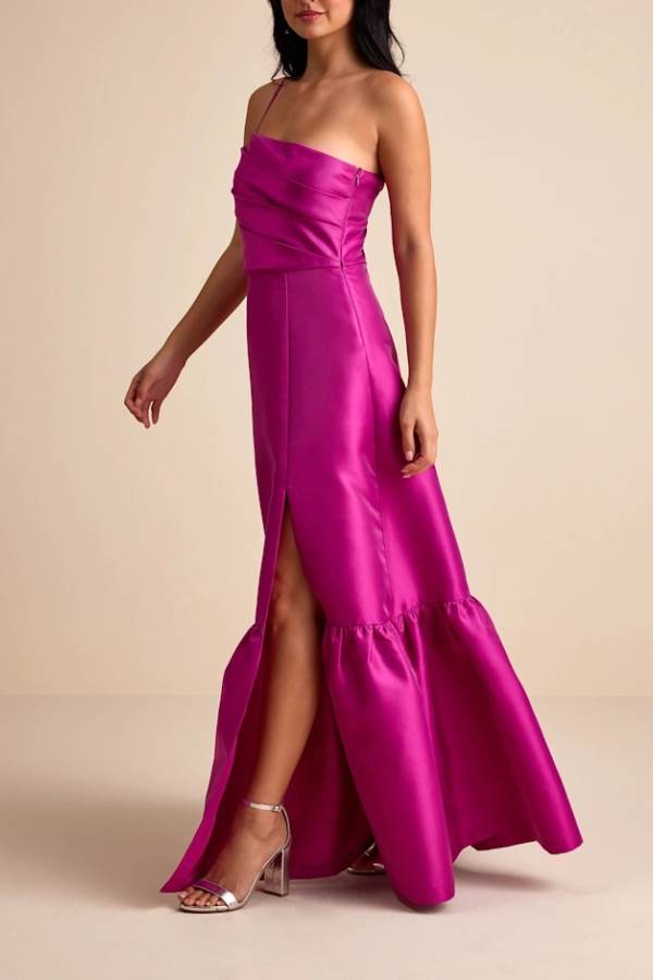 Letha Magenta Taffeta One-Shoulder Maxi Dress
