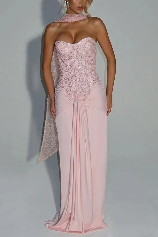 Carina Sequined and Satin Jersey Off Shoulder Ruched Knot Drape Maxi Dress