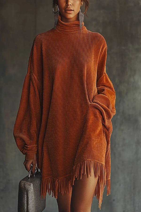 Orange corduroy loose tassel hem high collar dress