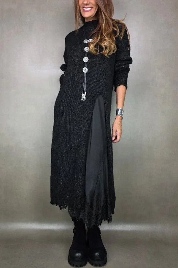 Retro knitted slit two-piece long skirt