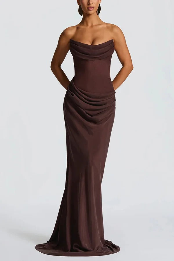 Liora Ruched Cowl Neck Sheer Mesh Waist Off Shoulder Scarf Maxi Dress