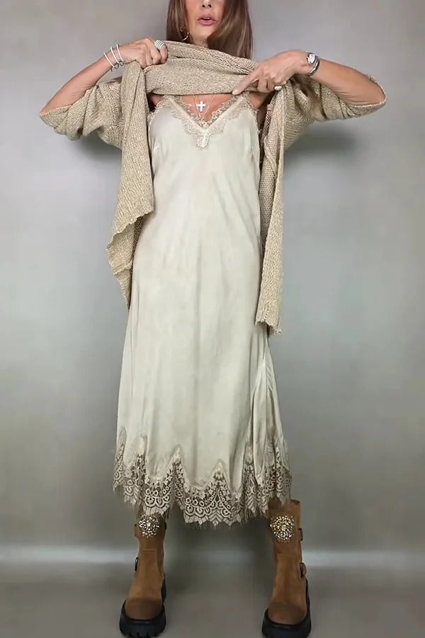 Fashionable V-neck Suspender Lace Splicing Casual Midi Dress