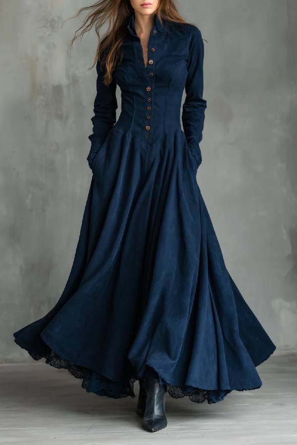 Gothic Dark Blue Faux Suede Lace-trimmed Shirt Collar Maxi Dress
