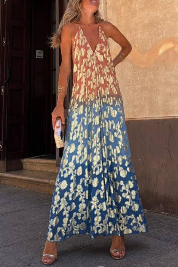 Bianca Tie-dye Ombre Gold Floral Print A-line Halterneck Maxi Dress