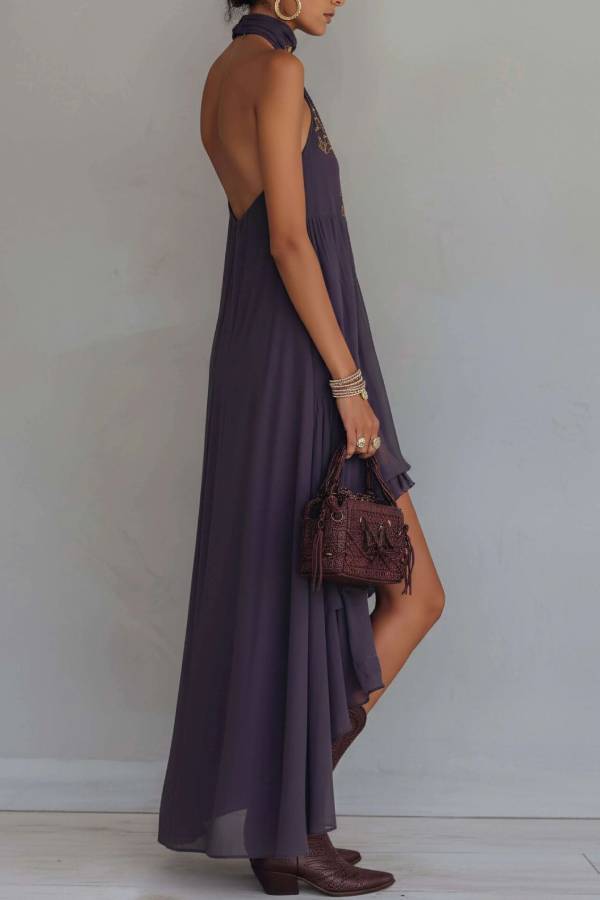 Boho Deep Purple Halter Embroidered Asymmetrical Dress