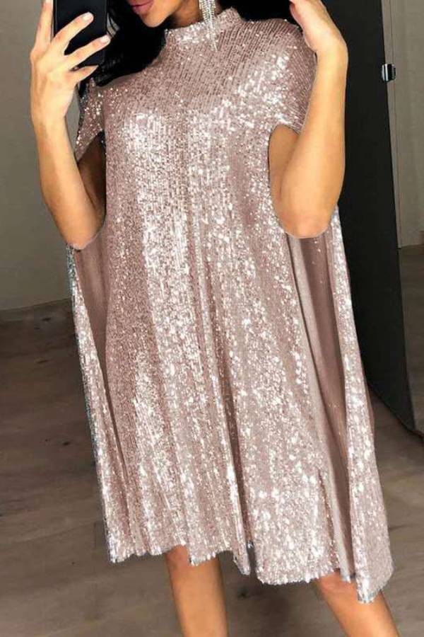 Sequined Cape Turtleneck Party Dress