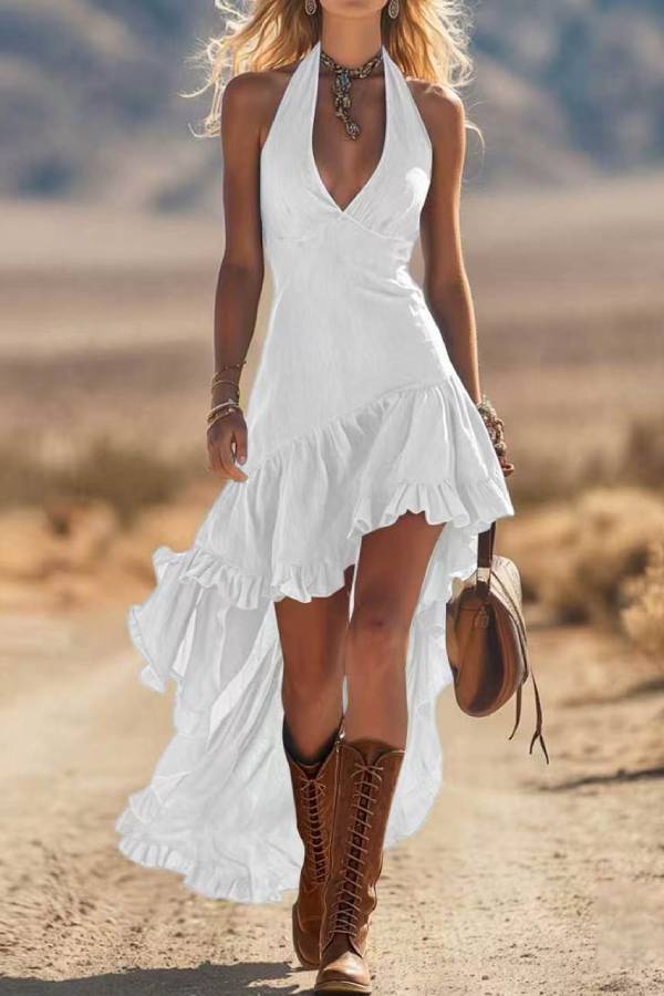 Boho Halter Deep-V Irregular Ruffle High-Low Maxi Dress