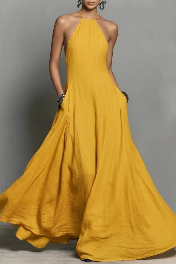 Multi-Color Halter Open-Back Textured Maxi Dress