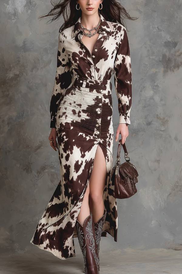 Vintage Cow Printed Shirt Maxi Dress
