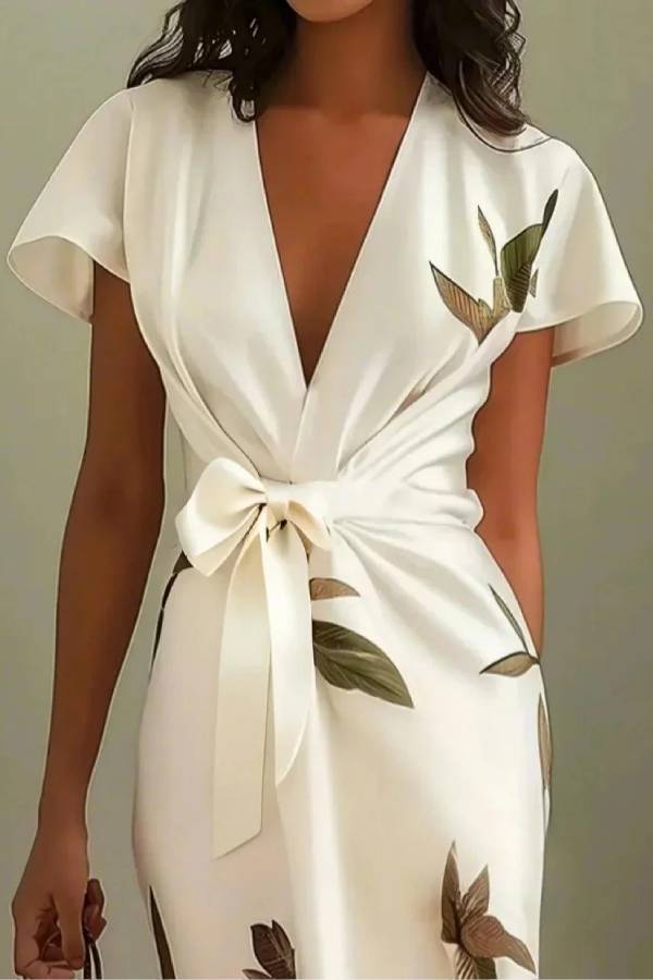 White Leaf Short Sleeve Satin Wrap Sheath Midi Dress