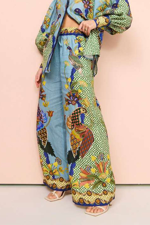 Smyrna Unique Heaven Bird Print Elastic Waist Pocketed Wide Leg Pants