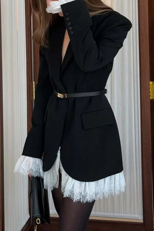 Cue The Chic Lace Trim Button Long Sleeve Lapel Blazer Mini Dress