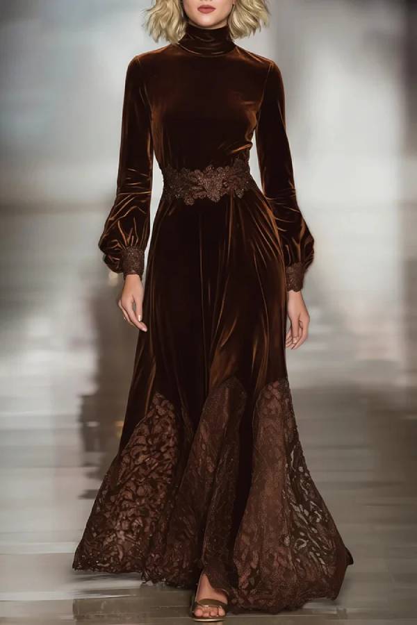 Lace Patchwork Turtleneck Balloon Sleeve Velvet Maxi Dresses