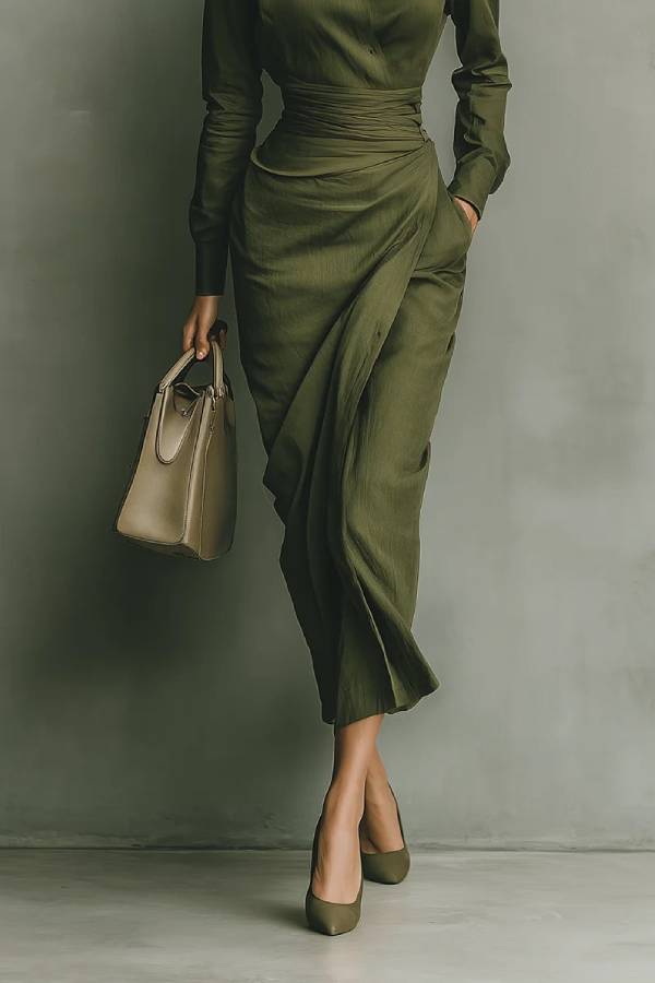 Army Green Cotton Blended Maxi Dress