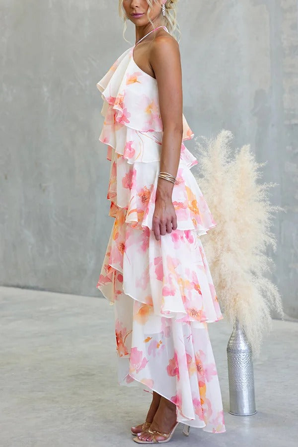 Poetic Eden Chiffon Floral Print Tiered Ruffles Halter A-line Maxi Dress