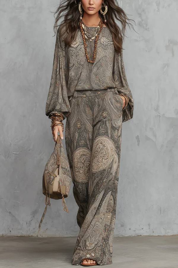 Grey Paisley Patterned Lantern Sleeve Top And Wide-leg Trousers Suit